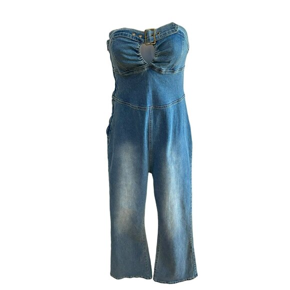 NWT Cider Denim Strapless Cut Out Flared Jumpsuit Size Medium - Picture 9 of 11